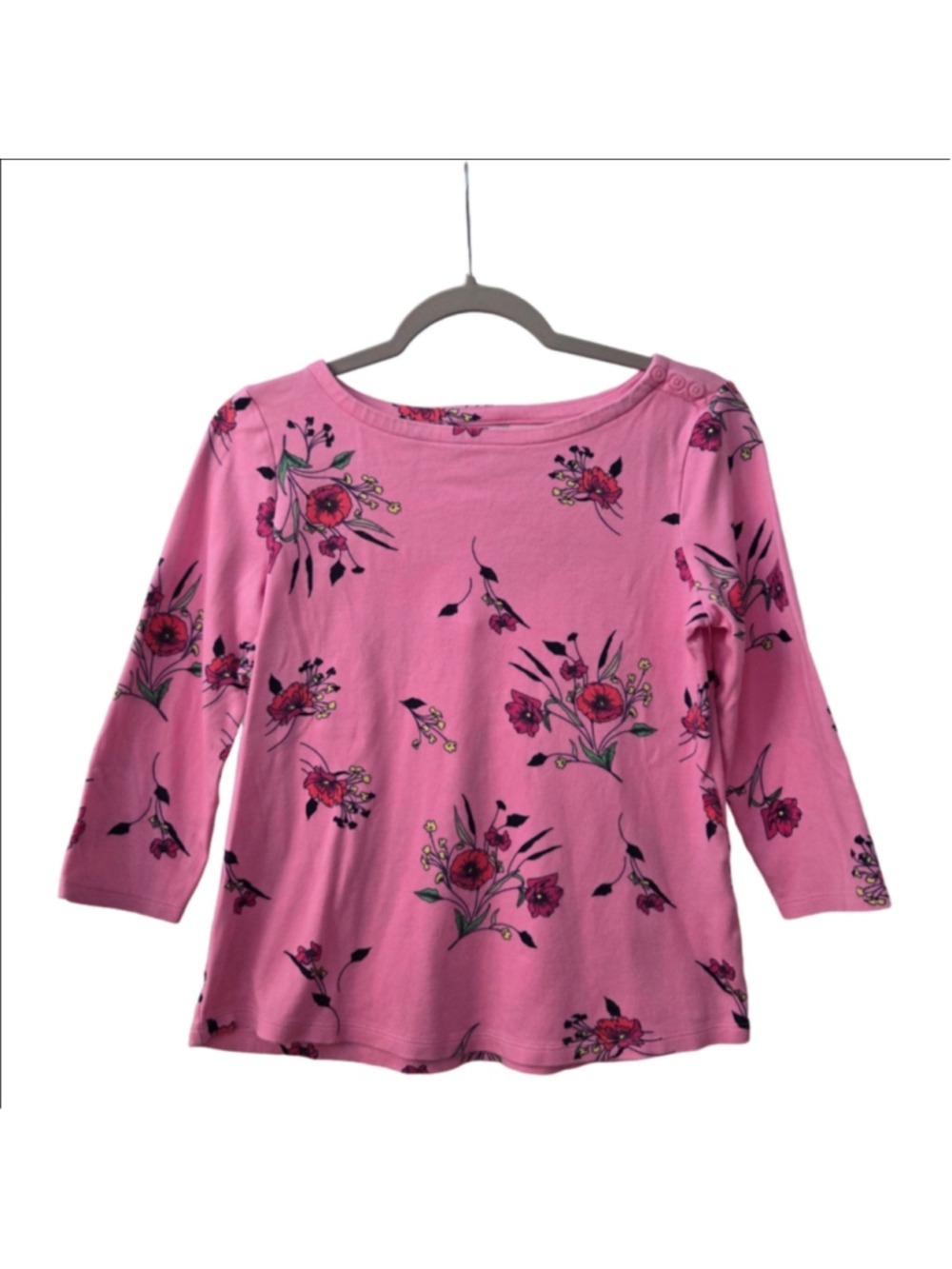 Charter Club Pink Floral Supima Cotton 3/4 Sleeve Boat Neck Top